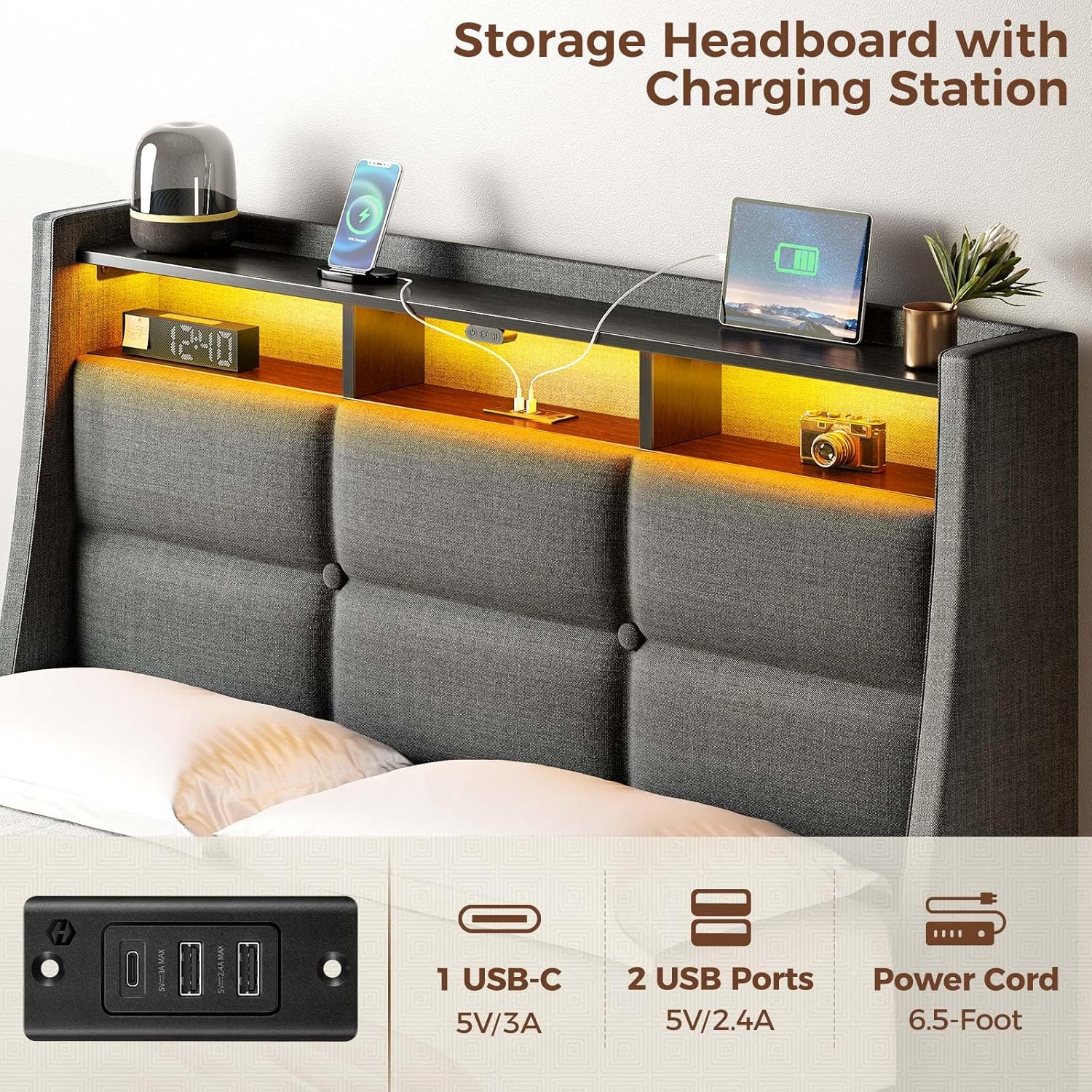 Rolanstar Twin Size Bed Frame with LED Lights and Charging Station, Upholstered Bed Storage Headboard & Drawers, Heavy Duty Wood Slats, Easy Assembly