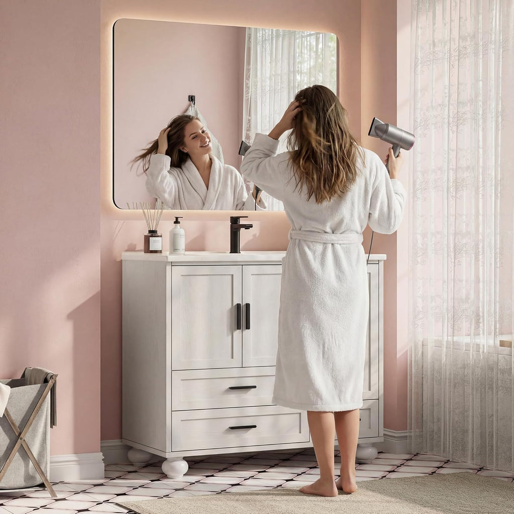 LIKIMIO 36" Bathroom Vanity with Sink, Hair Tool Drawer, 4 Solid Legs, 4 Drawers 2 Doors, Modern Freestanding Wooden Bathroom Cabinet with Undermount Upgraded SMC Sink, Quick Assembly, White