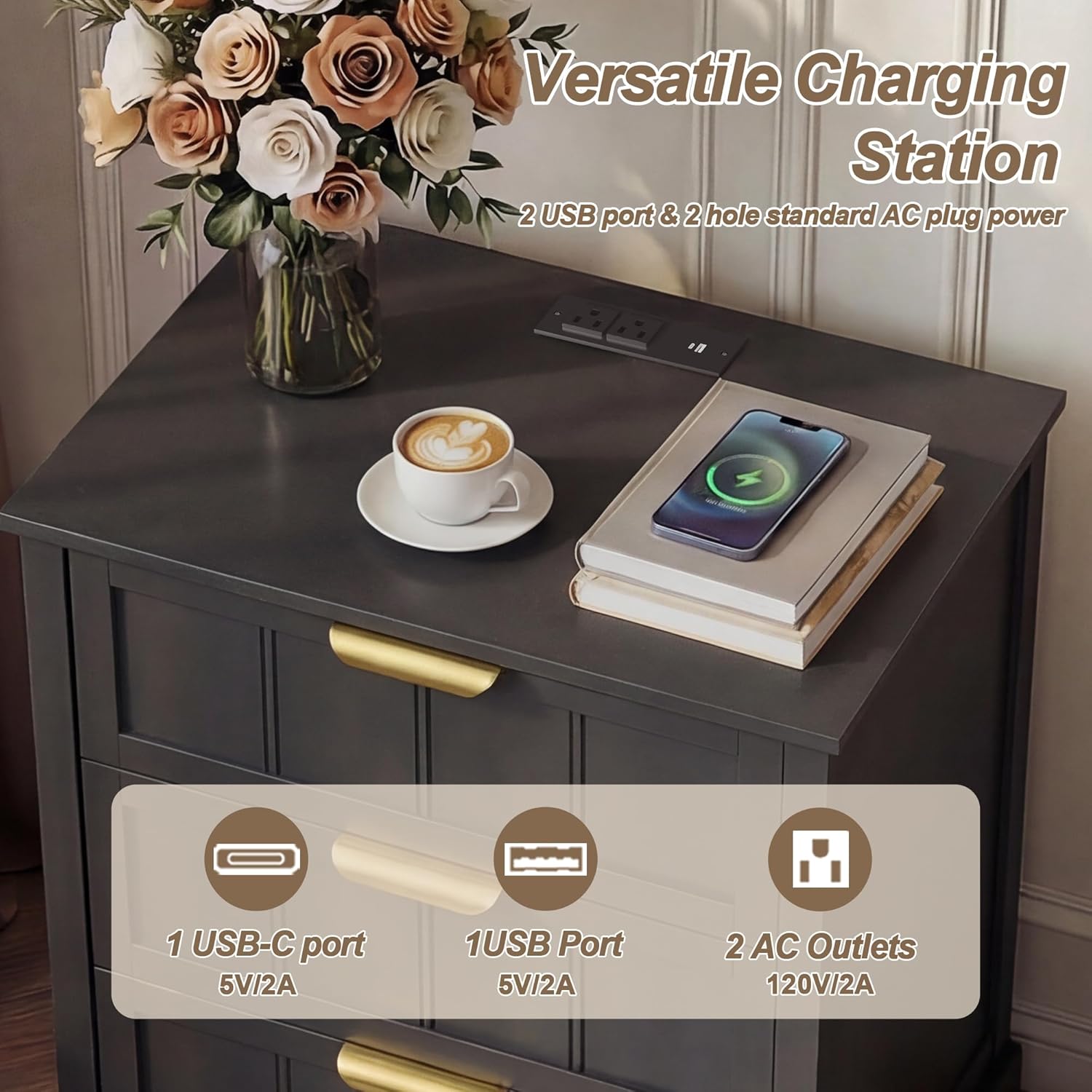 ChooChoo 27" Black Nightstand Set of 2, 3 Drawer Night Stand with Charging Station, Larger Bedside Table with USB-C Port, Modern End Table with Storage for Bedroom