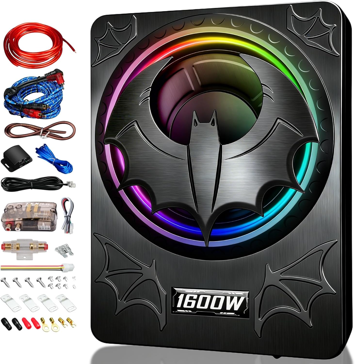 1600W Slim Underseat Subwoofer with Built-in Amp 10 Inch Sub | RGB Ambient Lighting, LPF/Gain/Bass Boost Controls, Individual Controls, Distortion-Free Deep Bass | Universal Fit for All Car