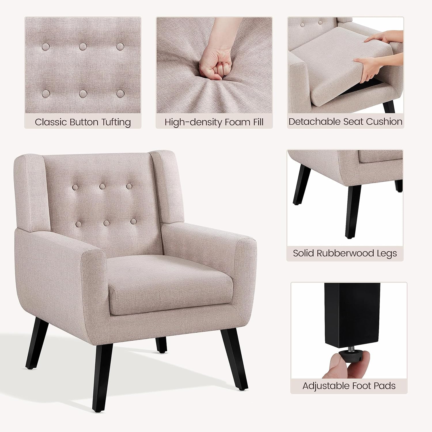 Yaheetech Accent Chair, Modern Button Tufted Armchair, Linen Fabric Sofa Chairs for Living Room Bedroom, Mid-Century Comfy Reading Chair, Beige