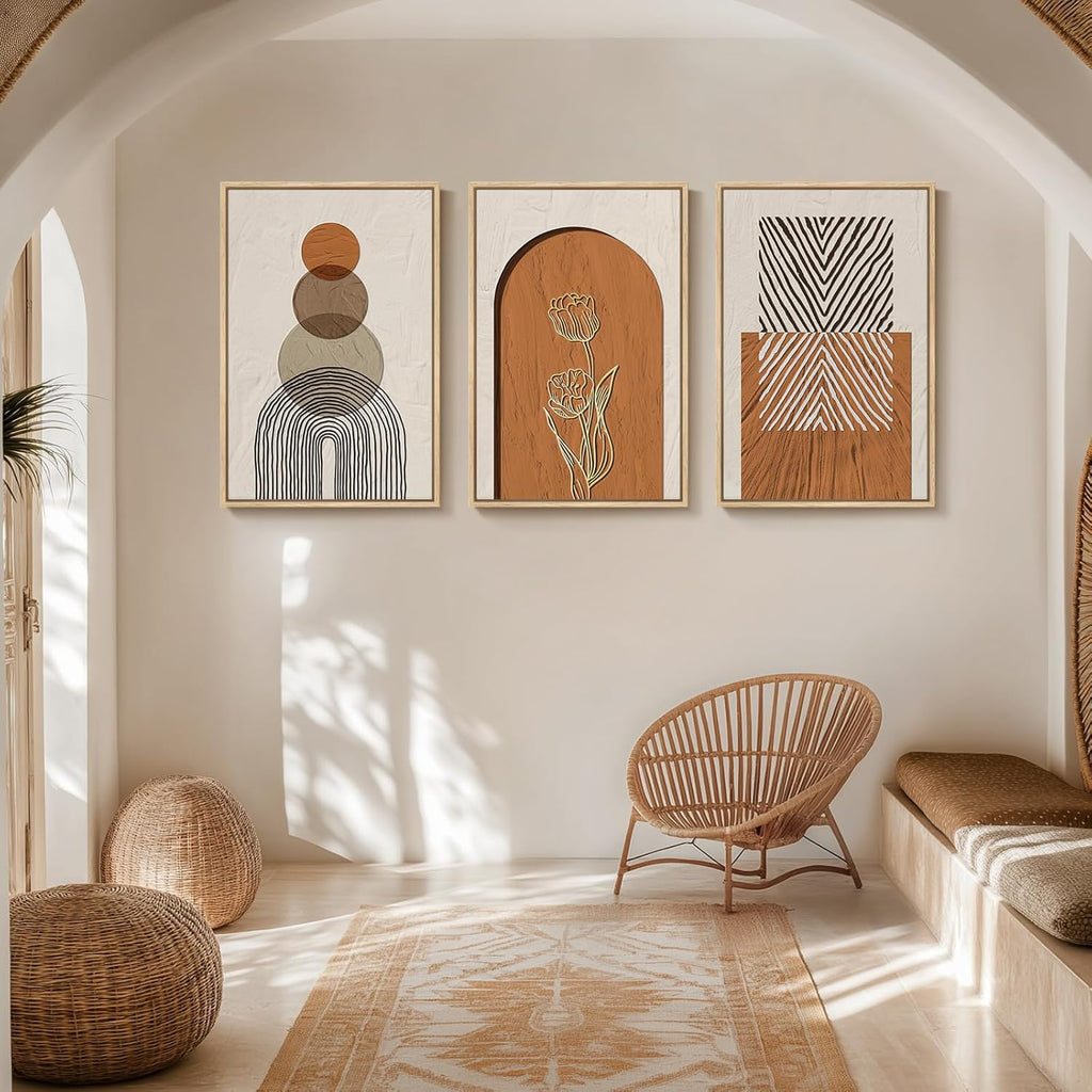 Large Framed Boho Abstract Wall Art for Living Room, 3 Piece Neutral Orange Paintings Prints Canvas Artwork for Walls, Modern Geometric Bohemian Pictures Wall Decor for Bedroom Home Office, 20x30 Inch