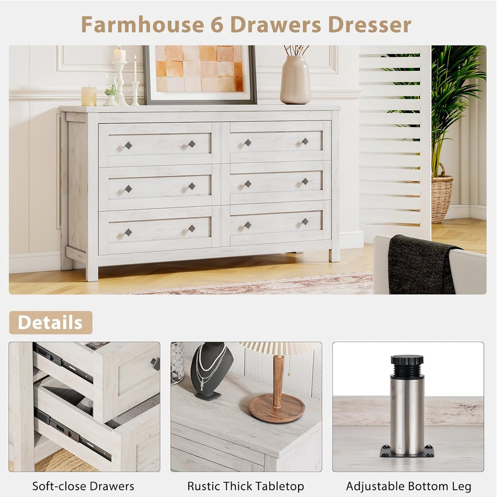 LUXOAK 4 Pieces Farmhouse Bedroom Set, 1 X Wood Rustic 6 Drawer Storage Dresser, 1 X 5 Drawer Dresser, Nightstand Set of 2 with Charging Station, Farmhouse Bedroom Furniture Set, Rustic White
