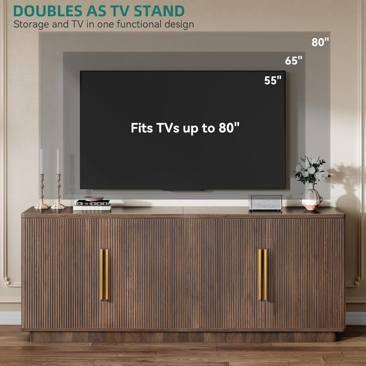 YITAHOME TV Stand for TVs up to 80 Inches, Media Console with 4 Fluted Doors, 70" Entertainment Center with Ample Storage for Living Room(Natural Oak)