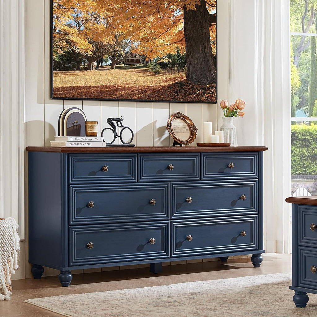 Farmhouse Dressers & Night Stand Set of 4, Wood 54" Wide 7 Drawer Dresser & 43.5" Tall Chest of Drawers, 18"Roman Column Nightstand Set of 2, Bedroom Furniture Dresser Set for Home Living Room Hallway