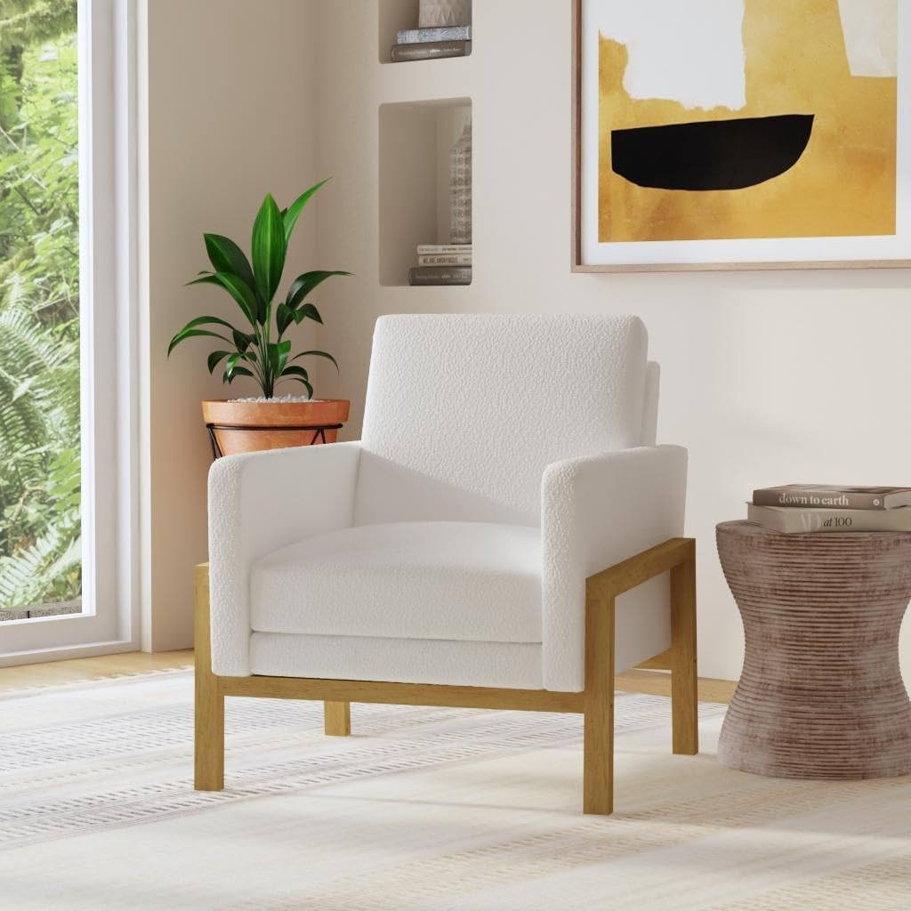 HomePop Wood Frame Accent Chair | Homepop Home Decor | Accent Chairs for Living Room & Bedroom - Cream Boucle