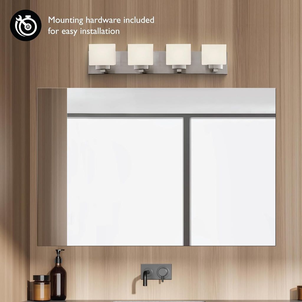 Design House 578013 Dove Creek Vanity Light Dimmable with Frosted Glass for Above Bathroom Mirror, Satin Nickel, 4-Light