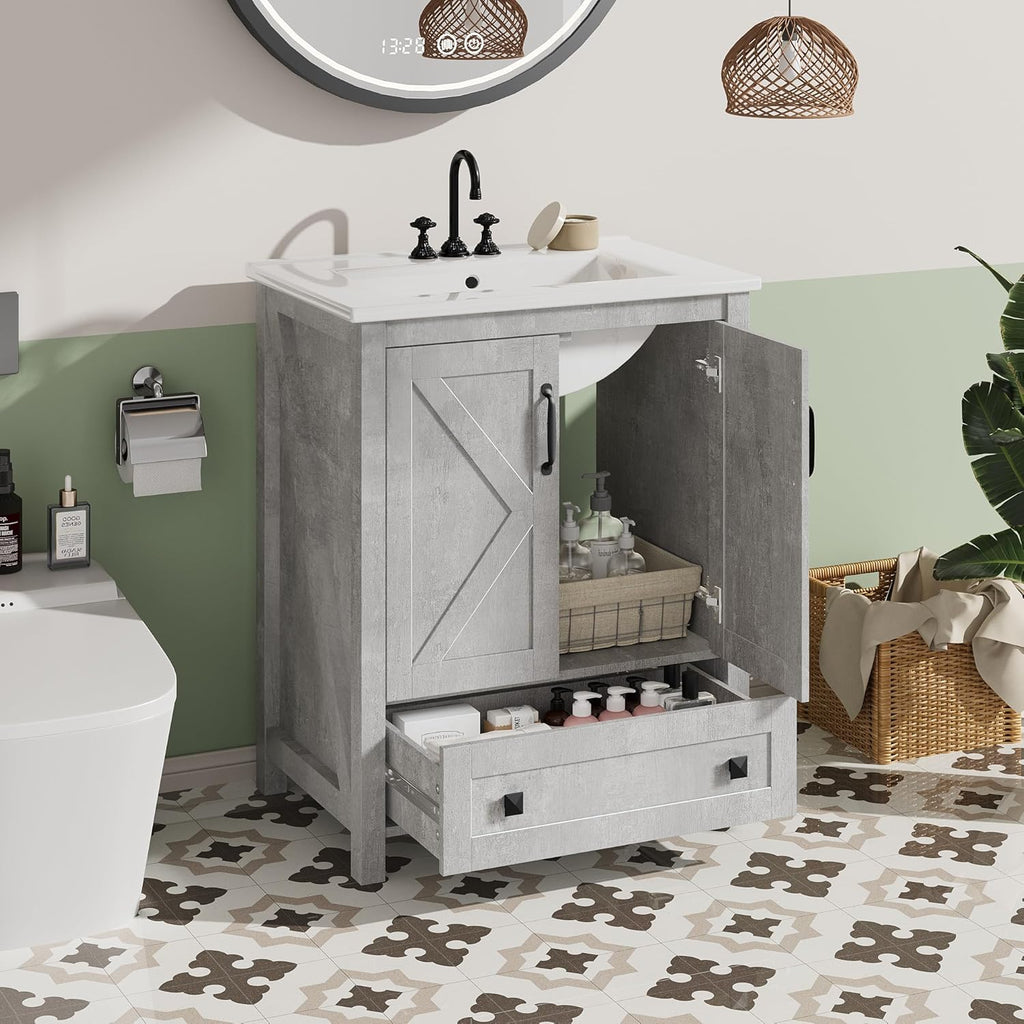 GarveeHome 30 inch Vanity with Ceramic Sink, Modern Bathroom Vanity with 2 Doors and 1 Storage Drawer, Freestanding Bathroom Cabinet with Contemporary Design for Your Bathrooms, Grey