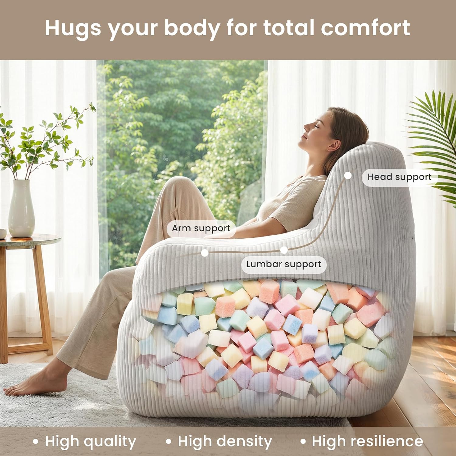 Cvortll Bean Bag Chair, Bean Bag Chair for Adults, Fluffy and Comfy Bean Bag with Filler, Bean Bag Sofa Chair for Reading, Gaming, Stuffed High-Density Foam(Beige-Corduroy)