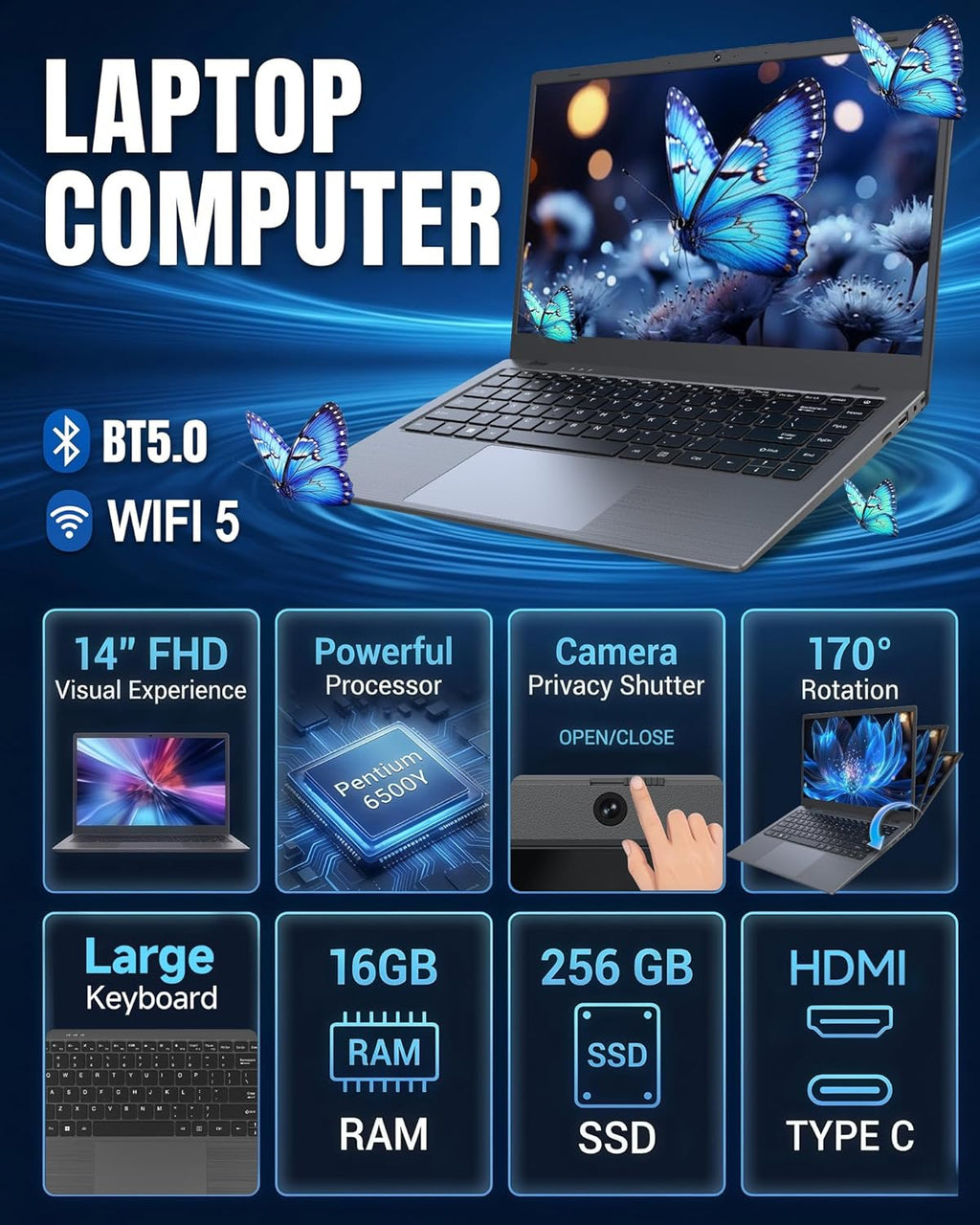 Laptop Computer - 14 Inch Laptops, Pentium 6500Y Processor (Up to 3.4GHz), 16GB RAM 256GB SSD, FHD IPS Display, Traditional Laptop Computer for Student, Business, HDMI, Type C, 38Wh Battery