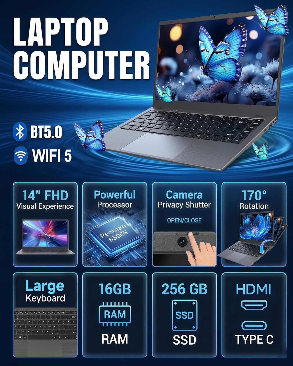 Laptop Computer - 14 Inch Laptops, Pentium 6500Y Processor (Up to 3.4GHz), 16GB RAM 256GB SSD, FHD IPS Display, Traditional Laptop Computer for Student, Business, HDMI, Type C, 38Wh Battery
