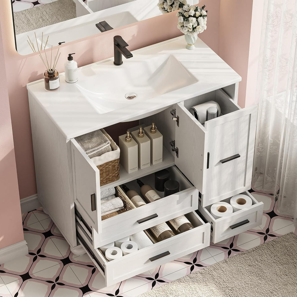 LIKIMIO 36" Bathroom Vanity with Sink, Hair Tool Drawer, 4 Solid Legs, 4 Drawers 2 Doors, Modern Freestanding Wooden Bathroom Cabinet with Undermount Upgraded SMC Sink, Quick Assembly, White