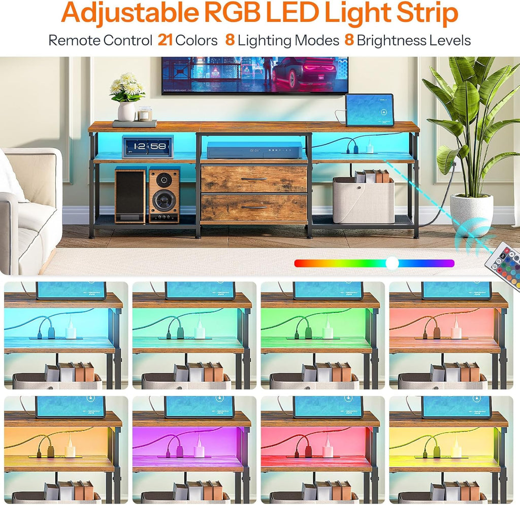 HOOBRO TV Stand with Power Outlet and LED Light, Entertainment Center for TVs Up to 75 Inch, Modern Media Console Table with 2 Non-Woven Drawers, for Living Room, Bedroom, Rustic Brown BF55UDDS01