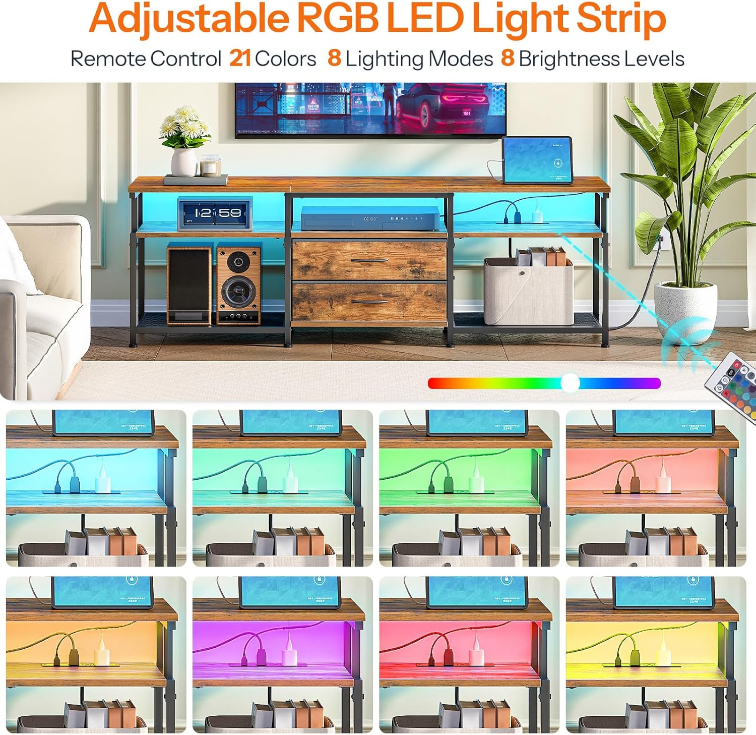 HOOBRO TV Stand with Power Outlet and LED Light, Entertainment Center for TVs Up to 75 Inch, Modern Media Console Table with 2 Non-Woven Drawers, for Living Room, Bedroom, Rustic Brown BF55UDDS01