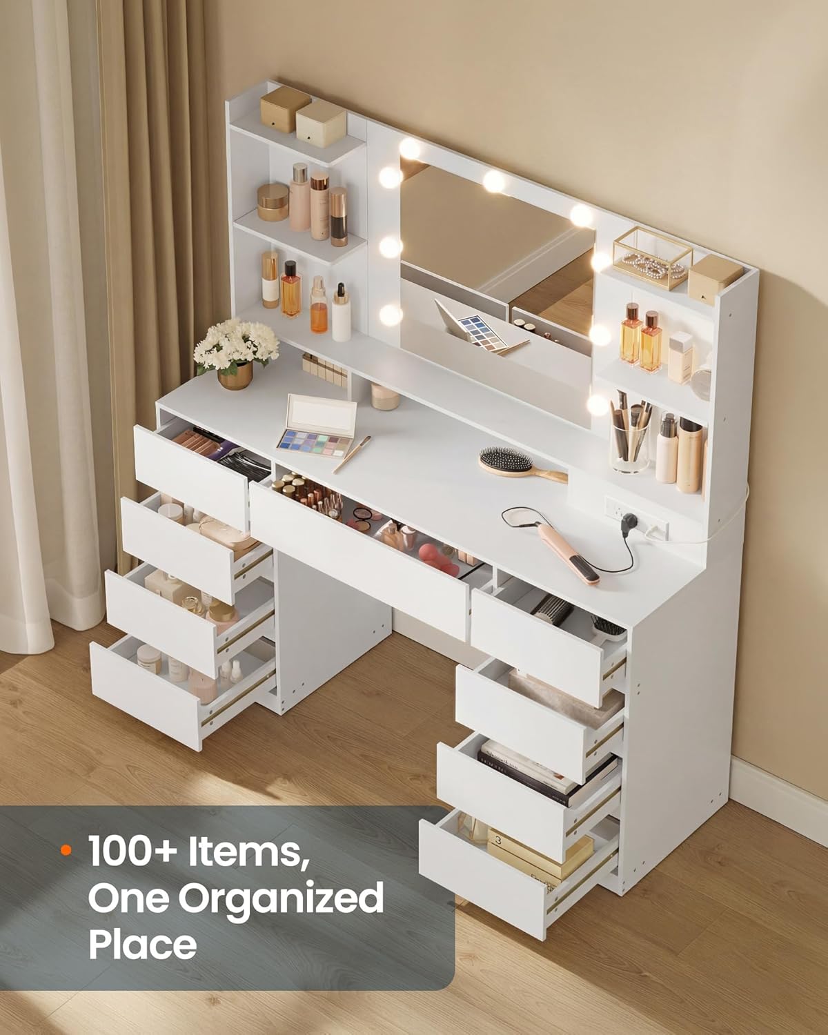 SONGMICS HOME Vanity Desk with Mirror and Lights, Makeup Vanity Table with Power Outlets, 9 Drawers Storage Dressing Table for Bedroom, White