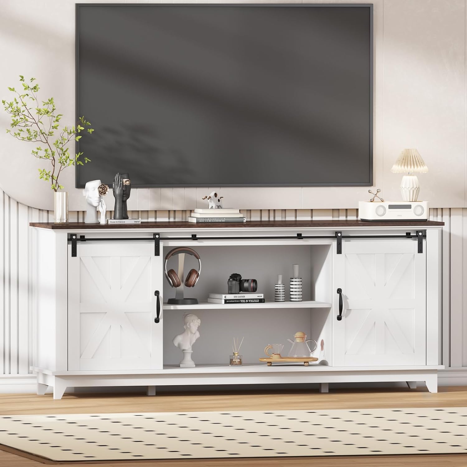 Classic Farmhouse TV Stand Cabinet for 75" Television, Home Entertainment Center with Adjustable Shelf & Sliding Barn Doors, Media TV Console Table for Living Room, 15.8D x66W x28H, Farmhouse White
