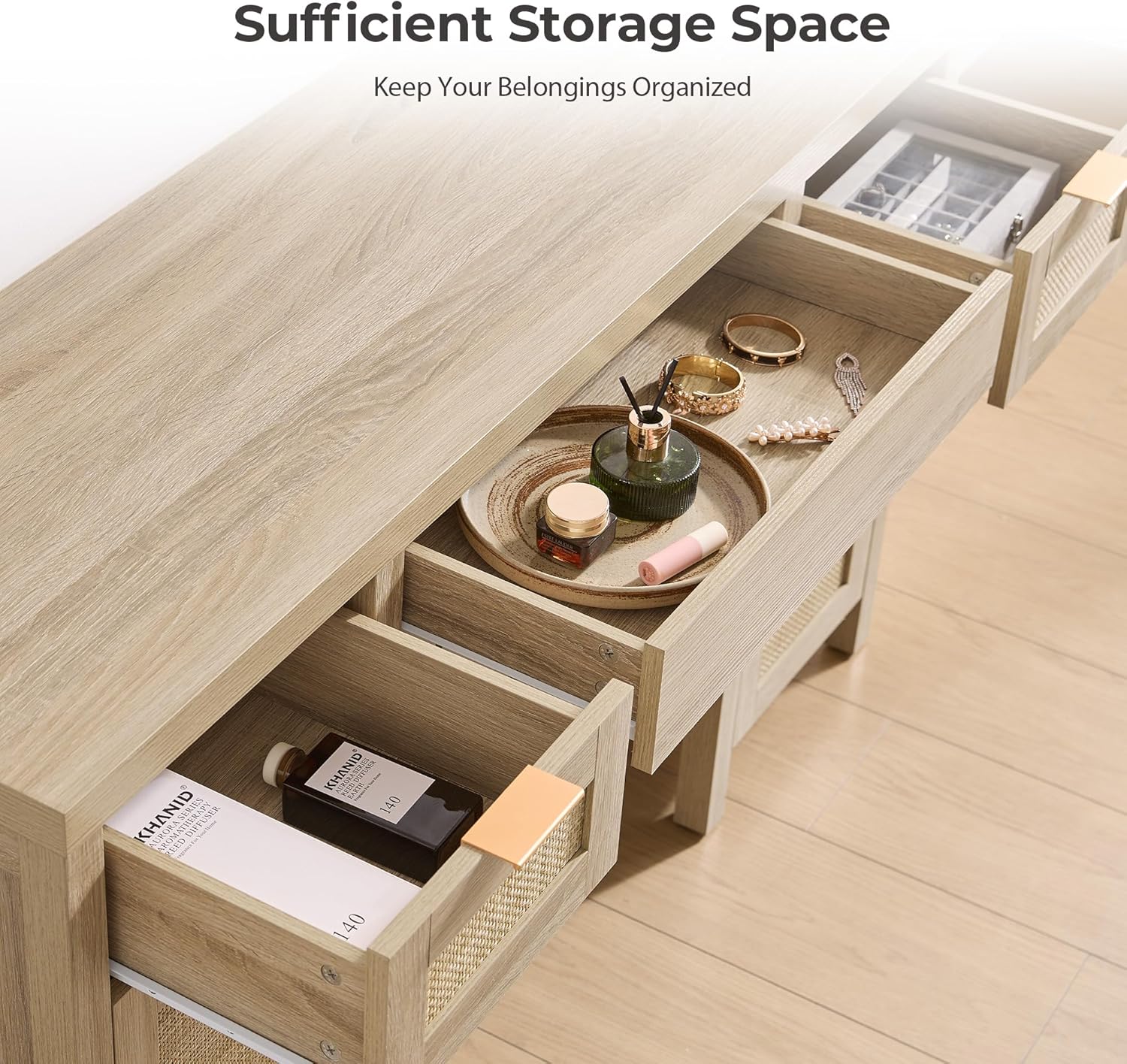 SICOTAS 52" Rattan Vanity Desk with Storage, Boho Farmhouse Makeup Dressing Table with 3 Drawers & 2 Cabinets, Wooden Home Office Desk for Bedroom, Light Oak