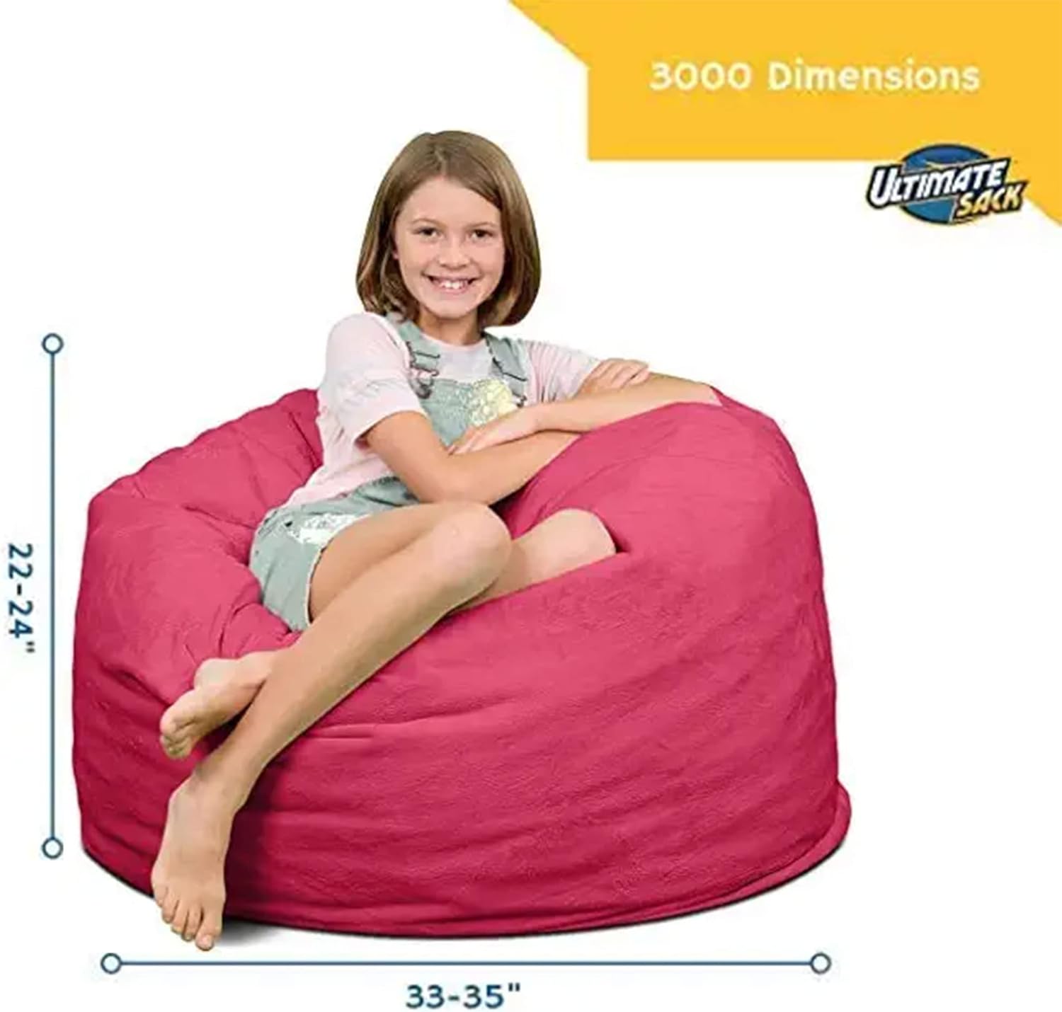 ULTIMATE SACK 3000 3-Foot Bean Bag Chair, Pink Fur Cover – Oversized Foam Lounger, Floor Seat, Small Sofa, or Couch Bed for Living Area, Gaming Room, or Reading Lounge
