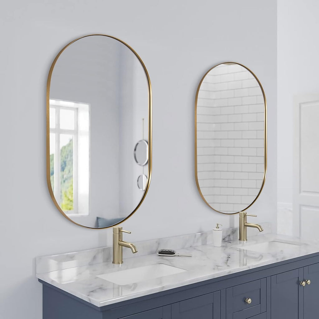 ANDY STAR Oval Bathroom Mirror, 20x33''Oval Gold Mirror Stainless Steel Metal Frame Mirror for Bathroom, Entryway, Living Room, Contemporary 1" Deep Set Design Wall Mount Hangs Vertical or Horizontal