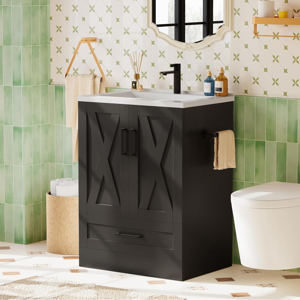 JUMMICO 24" Bathroom Vanity with Sink, Bathroom Storage Vanity Sink Cabinet with 2 Doors ＆ 1 Drawer Space, Farmhouse Wooden Free Standing Bathroom Cabinet with Sink Combo, Easy Assembly (Black)