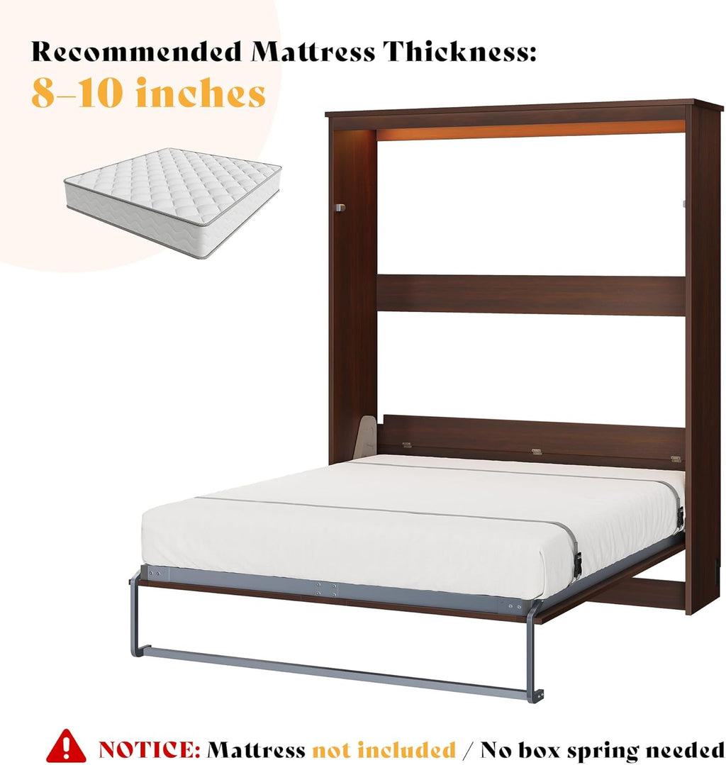 AMERLIFE Queen Size Murphy Bed with LED Light, Farmhouse Foldable Wall Bed with Charging Station & Gas Struts, Space-Saving Hidden Bedframe for Guest Room, Bedroom & Home Office, Brown