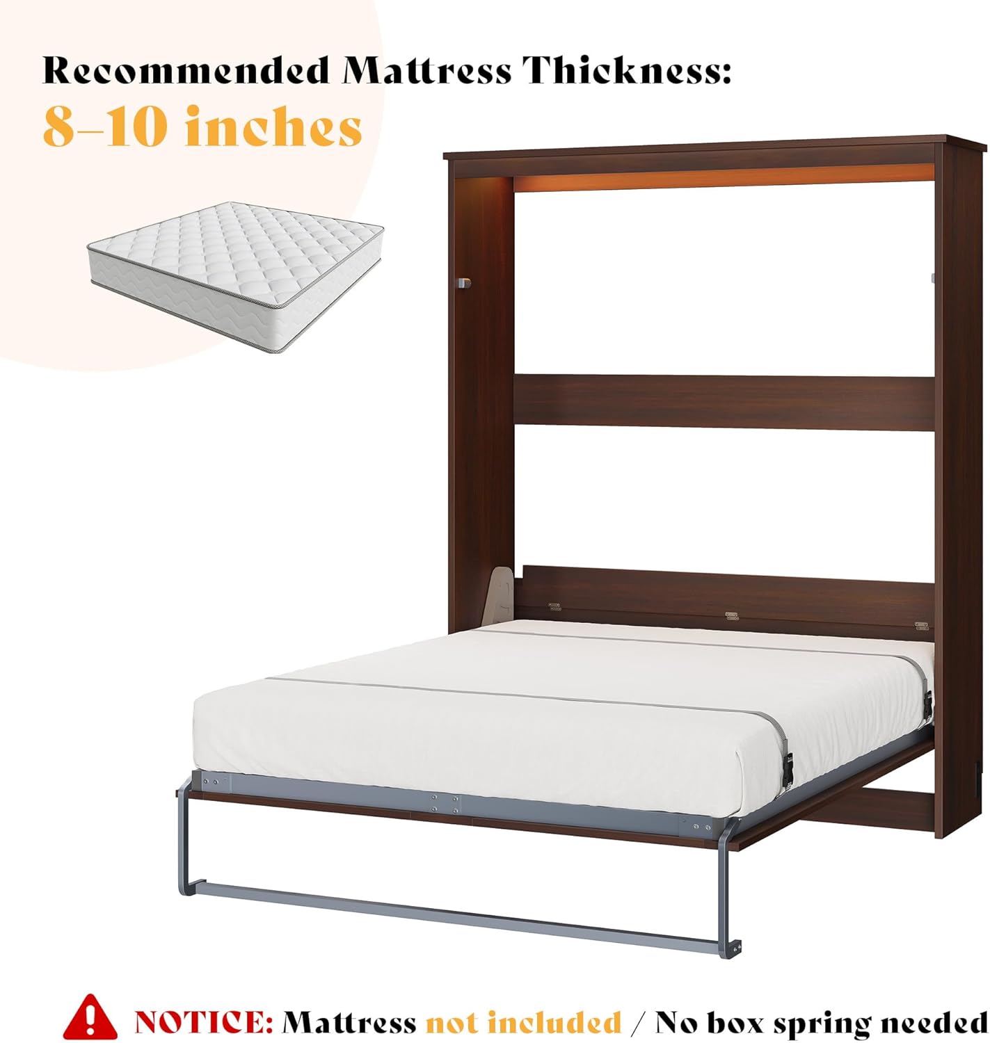 AMERLIFE Queen Size Murphy Bed with LED Light, Farmhouse Foldable Wall Bed with Charging Station & Gas Struts, Space-Saving Hidden Bedframe for Guest Room, Bedroom & Home Office, Brown