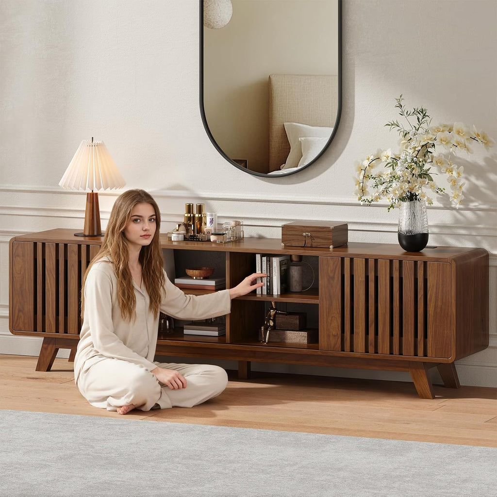 ONBRILL 70-Inch TV Stand for TVs up to 80 Inch, Mid-Century Modern Television Stand with Power Outlet . Entertainment Center with Sliding Grille Door Cabinets and Open Shelves for Living Room, Walnut