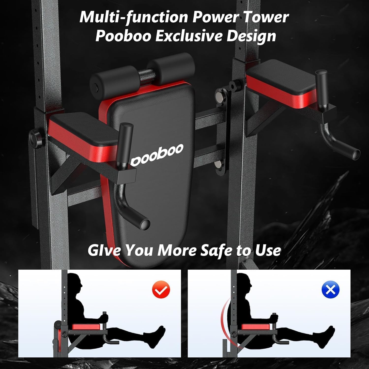 Pooboo Power Tower Dip Station Pull Up Bar for Fitness Home Gym Workout,450 Pounds Multi-Function Adjustable Height Fitness Strength Training Exercise Equipment,with Power Elastic Ropes
