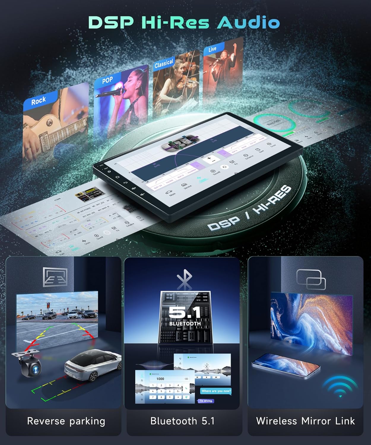 5/6GhzWiFi 8 Core 4GB+64GB for Toyota Hilux 2015-2020 Car Stereo Radio with 10.1 Inch IPS Touchscreen Wireless Carplay/Android Auto DSP Hi-Res GPS Android 15 FM/RDS SWC/AHD Backup Camera