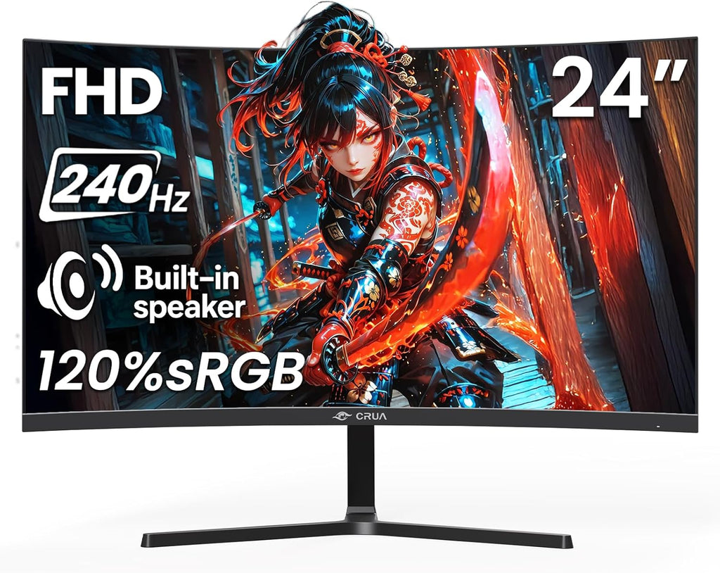 CRUA 24” 240Hz Gaming Monitor, Curved FHD 1920 x 1080P, Built-in Speakers, Support 120% sRGB, AMD FreeSync, Low Motion Blur, Wall Mount Installs Compatible, for Office and Games(HDMI 2.0&DP 1.4)–Black