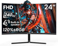 CRUA 24” 240Hz Gaming Monitor, Curved FHD 1920 x 1080P, Built-in Speakers, Support 120% sRGB, AMD FreeSync, Low Motion Blur, Wall Mount Installs Compatible, for Office and Games(HDMI 2.0&DP 1.4)–Black