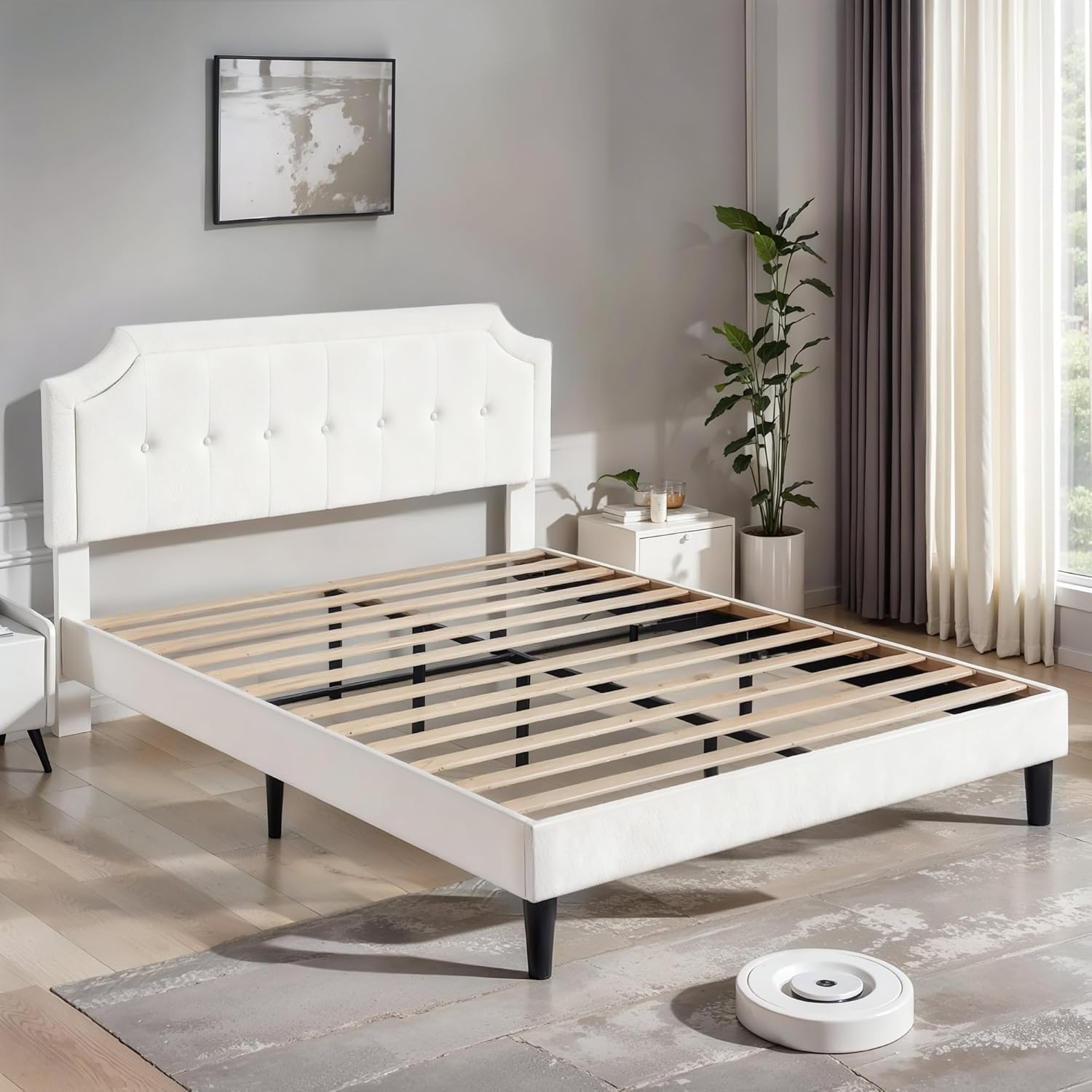 VECELO Queen Size Bed Frame with Velvet Upholstered Headboard, Platform Bedframe Mattress Foundation, Sturdy Wooden Slats Support,No Box Spring Needed Noise Free/Easy Assembly, Off White
