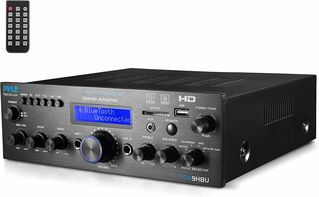 PyleUsa Wireless Bluetooth Home Stereo Amplifier - Multi-Channel 200 Watt Power Amplifier Home Audio Receiver System w/ HDMI, Optical/Phono/Coaxial,FM Radio, USB/SD, AUX, RCA,Mic in Remote - PDA9HBU.6