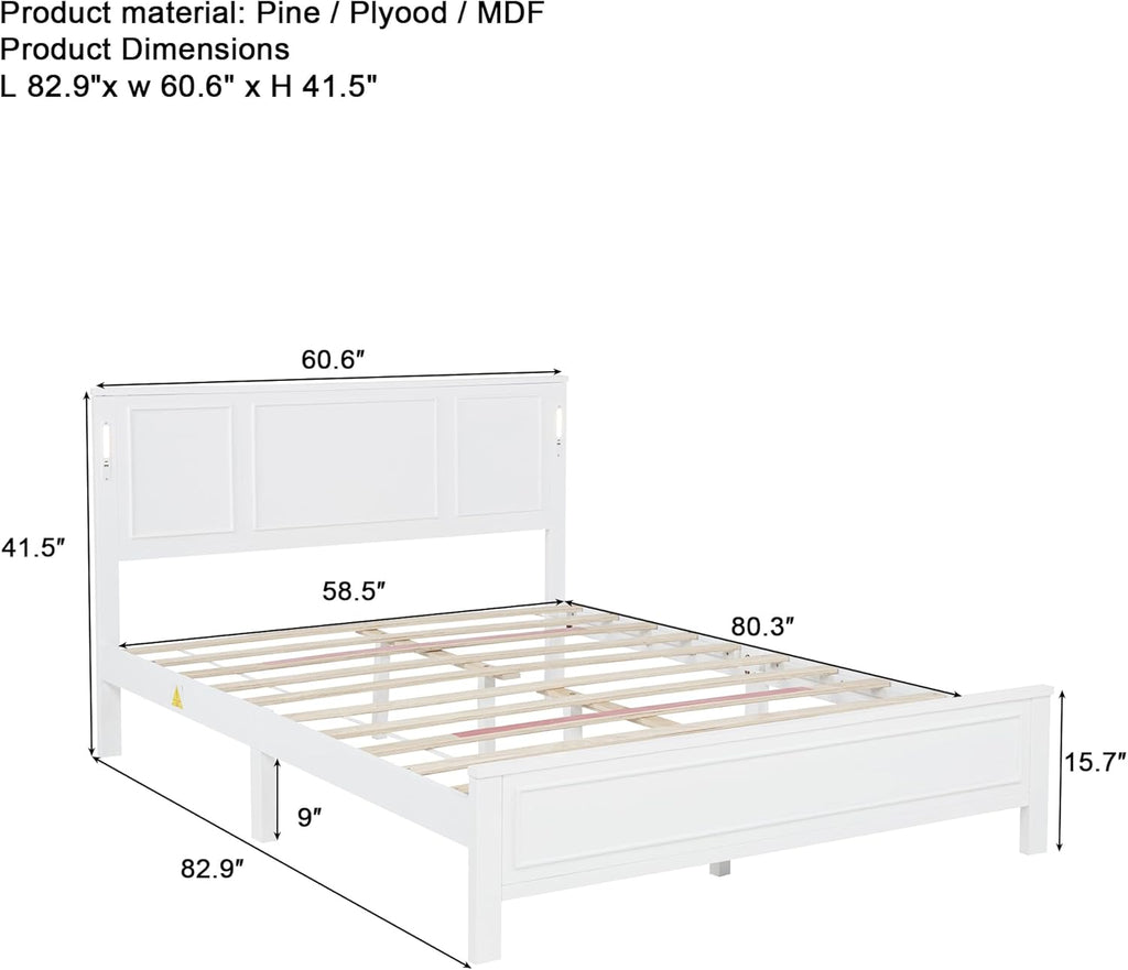 Queen Size Platform Bed Frame, Heavy Duty Pinewood Bedframes with Tall-Panel Headboard and Footboard, Built-in LED Lights/USB Charging Station/No Box Spring Needed, White
