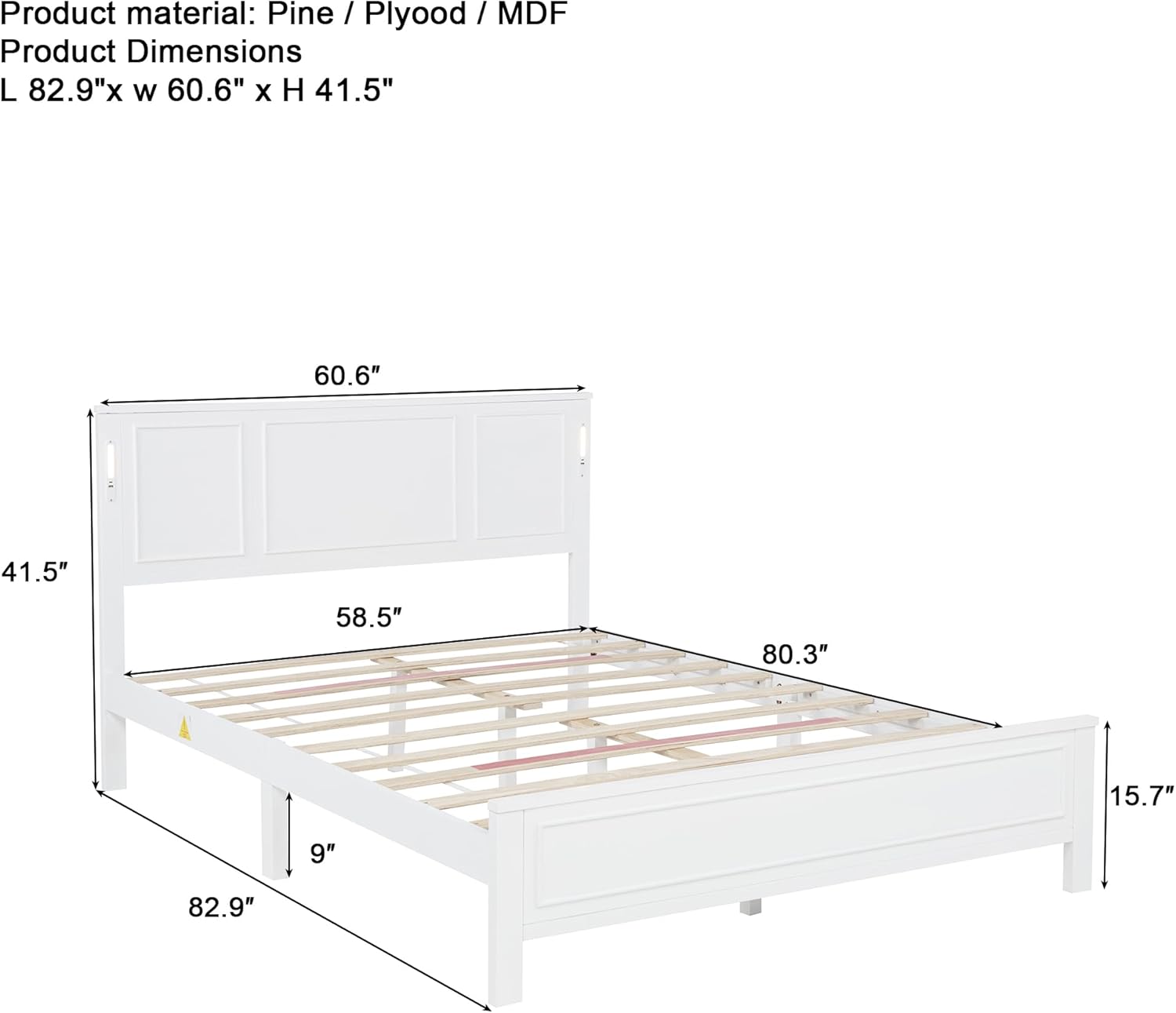 Queen Size Platform Bed Frame, Heavy Duty Pinewood Bedframes with Tall-Panel Headboard and Footboard, Built-in LED Lights/USB Charging Station/No Box Spring Needed, White