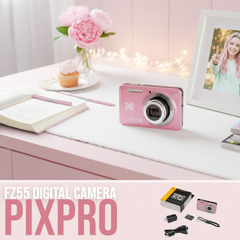 Kodak PixPro Friendly Zoom FZ55 16MP 1080p Full HD Digital Camera with 5X Optical Zoom Vlogging Camera (Pastel Pink)