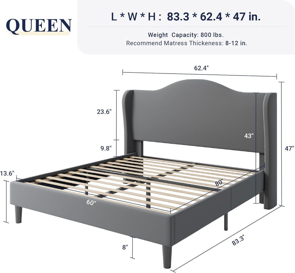 Allewie Queen Size Bed Frame, Upholstered Wingback Platform with 47" Tall Tufted Headboard, Plush Velvet Fabric, Modern Minimalist Design, No Box Spring Required, Tool-Free Assembly, Grey