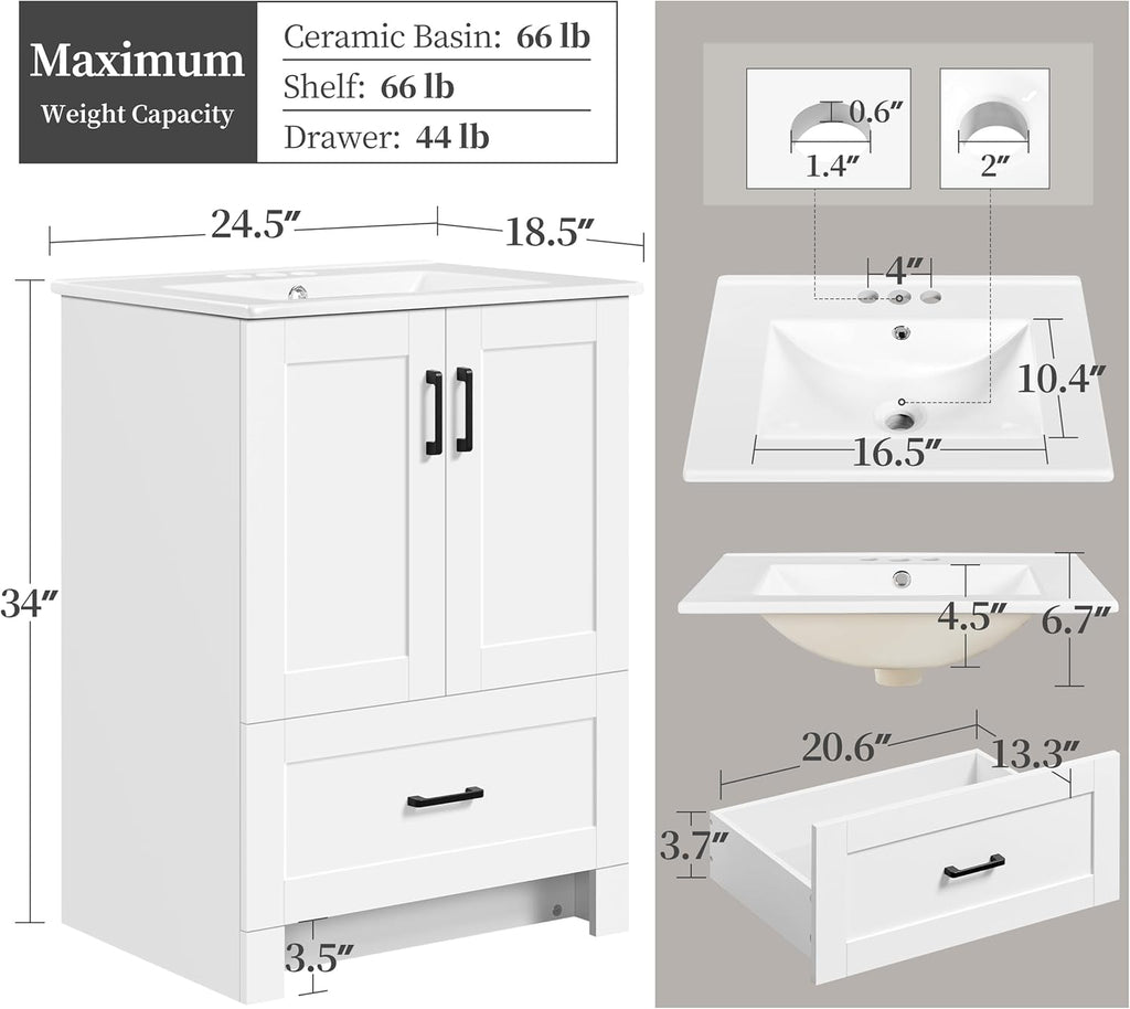 Yaheetech 24.5" Modern Bathroom Vanity with Ceramic Basin, Undermount Vanity Sink Cabinet with 2 Doors and 1 Drawer, Free Standing Bathroom Storage Cabinet with Sink Combo Set, White