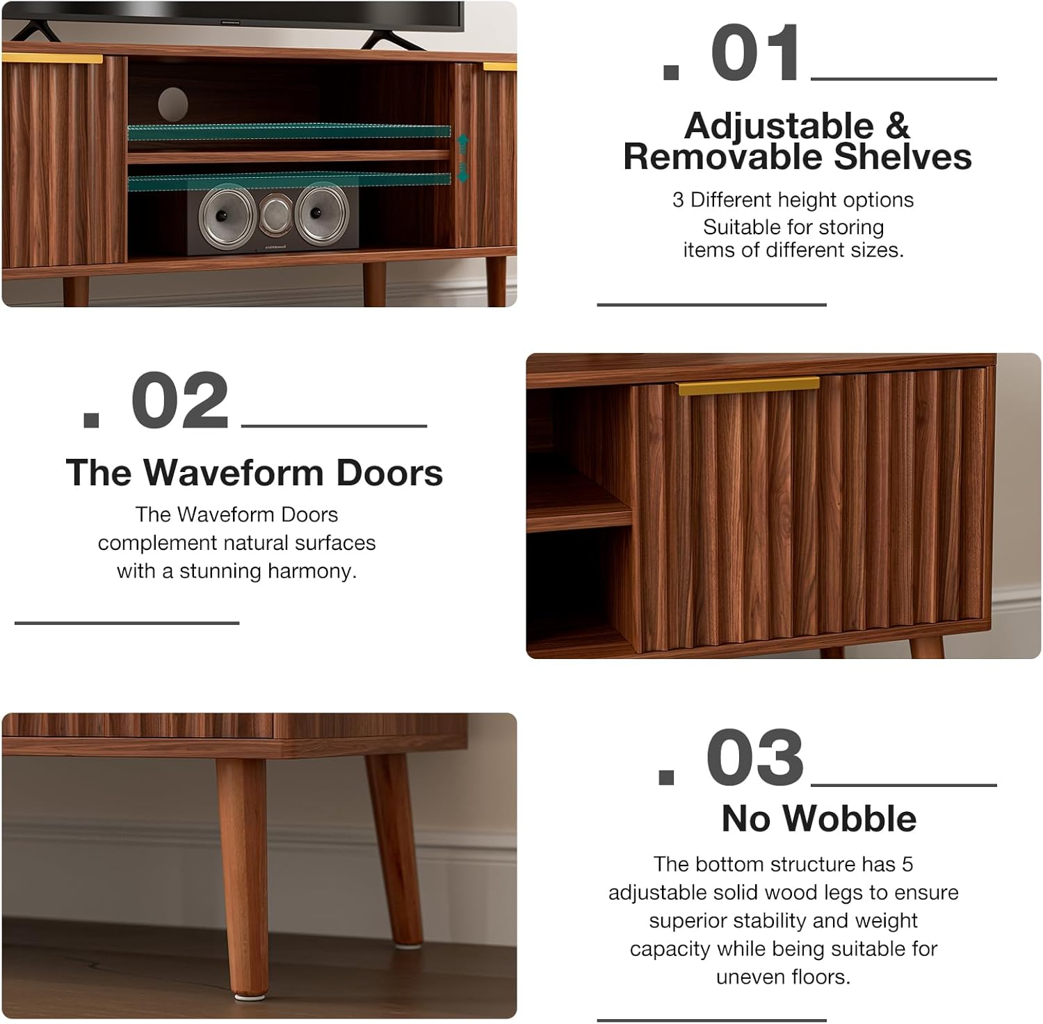 LCRBOL TV Stand for Living Room, Mid Century Modern Entertainment Center for 55/60 inch TVs, TV Console with Fluted Door Cabinets and Open Shelves, for Bedroom, Walnut