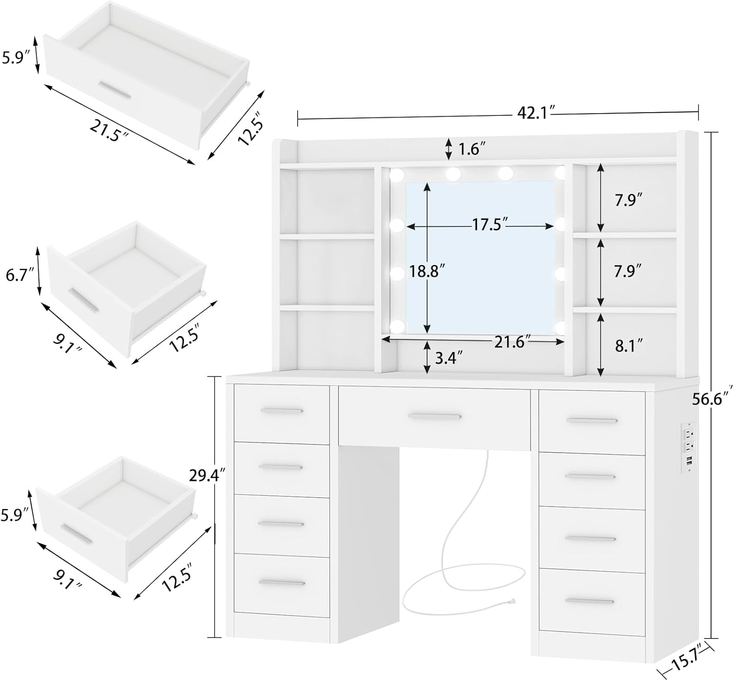 FIONESO Vanity Desk with Mirror and Lights, Power Outlet, Makeup Vanity with 9 Drawers & 6 Open Storage Shelves, 3 Lighting Modes Brightness Adjustable, White