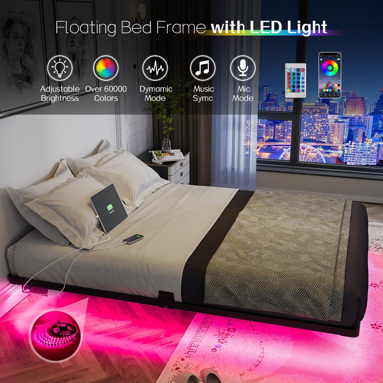 OLEVS Floating Bed Frame Full Size with Smart LED Lights and Charging Station - Modern Metal Platform Bed, Easy Assembly No Box Spring Needed