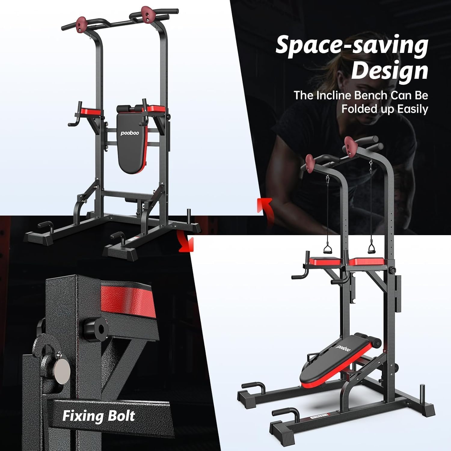 Pooboo Power Tower Dip Station Pull Up Bar for Fitness Home Gym Workout,450 Pounds Multi-Function Adjustable Height Fitness Strength Training Exercise Equipment,with Power Elastic Ropes