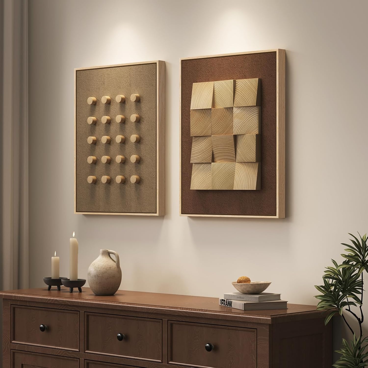 Framed Wood Wall Art Set of 2, Large 3D Textured Modern Minimalist Geometric Wooden Wall Decor, Neutral Brown Artwork for Living Room, Hallway, Dining Room, Bedroom, Office Aesthetic