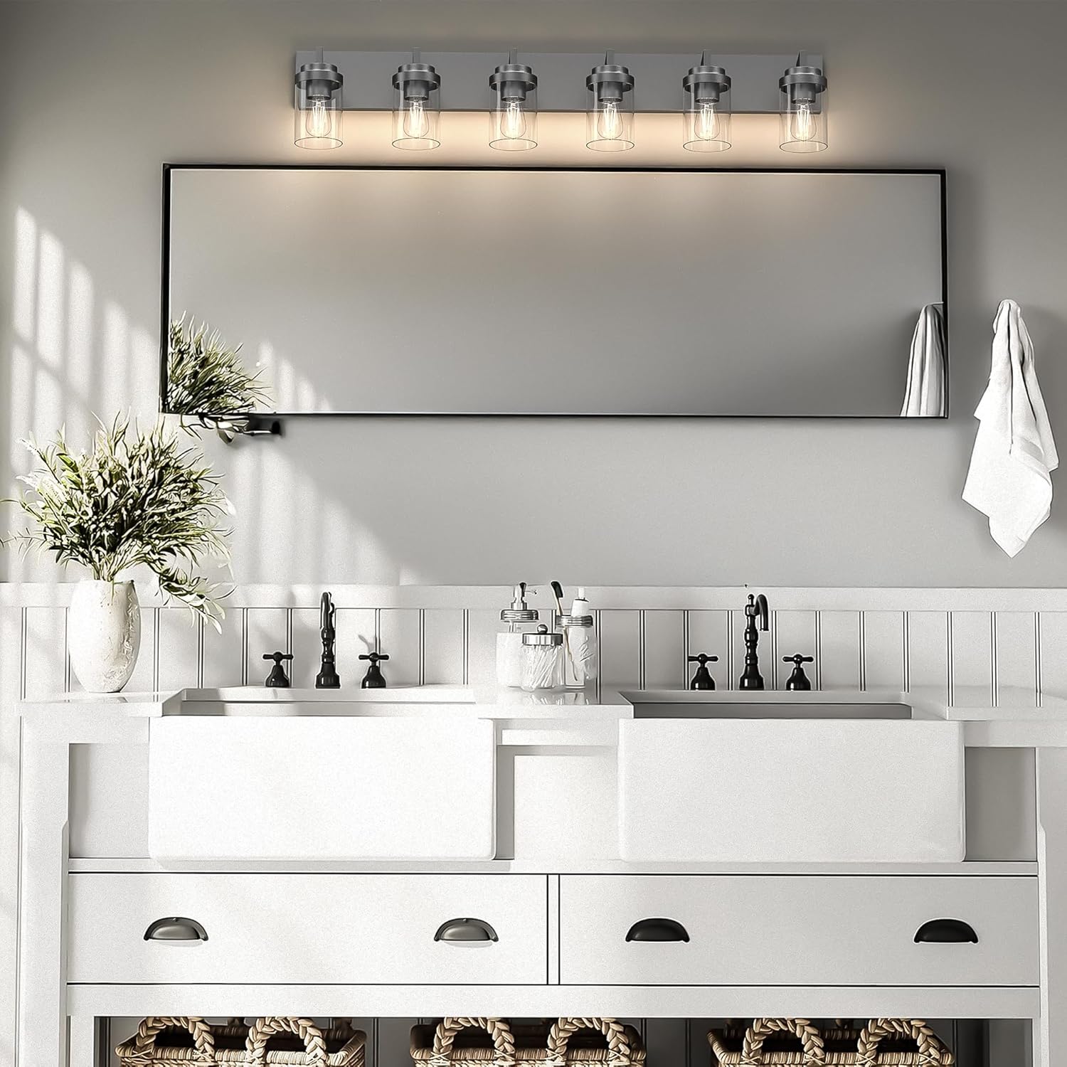 Bathroom Vanity Light, 6 Light Bathroom Light Fixtures Over Mirror, Black Vanity Lights with Clear Glass Shade, Modern Bathroom Light Fixtures for Bedroom, Hallway