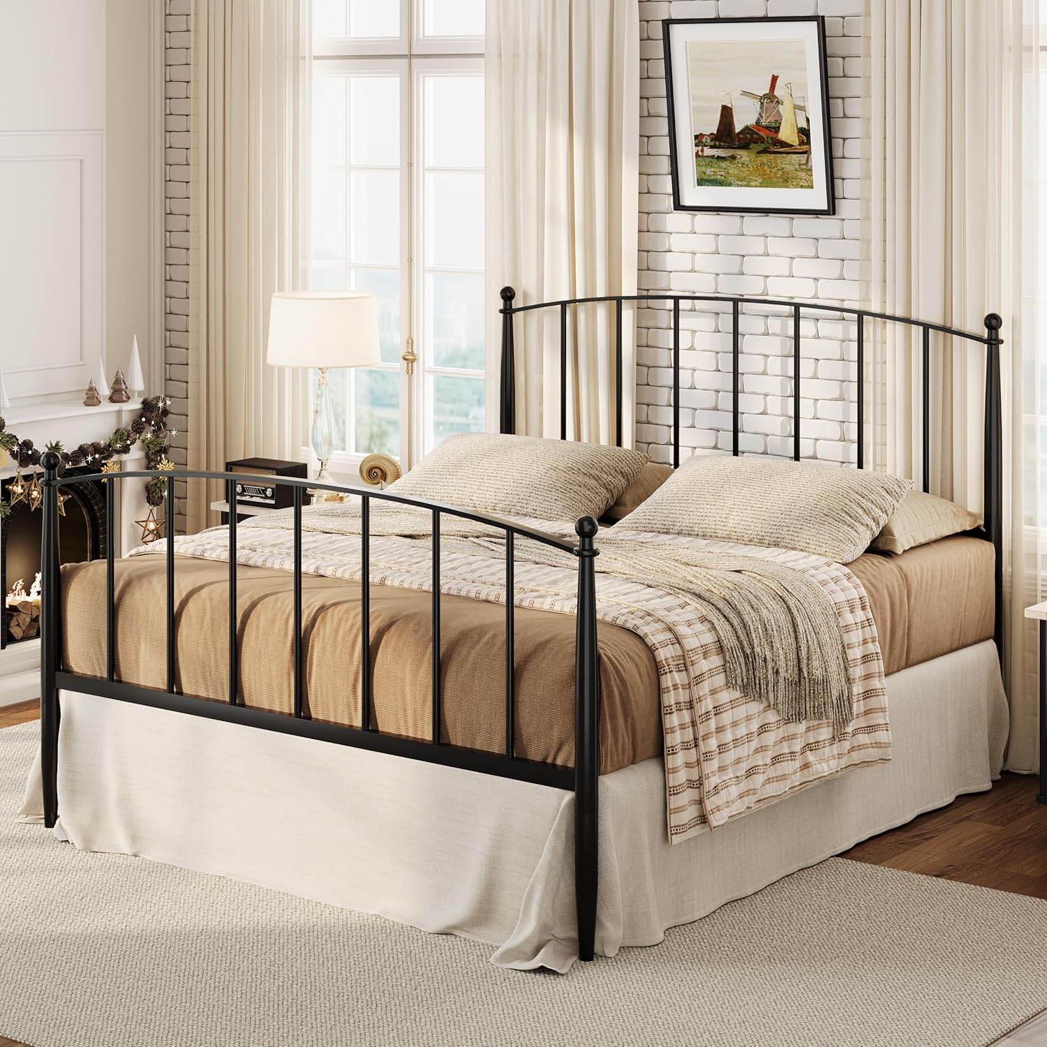 SHA CERLIN Queen Bed Frame, Metal Platform Bed with Victorian Style Iron-Art Headboard and Footboard, Easy Assembly, No Box Spring Needed, Black