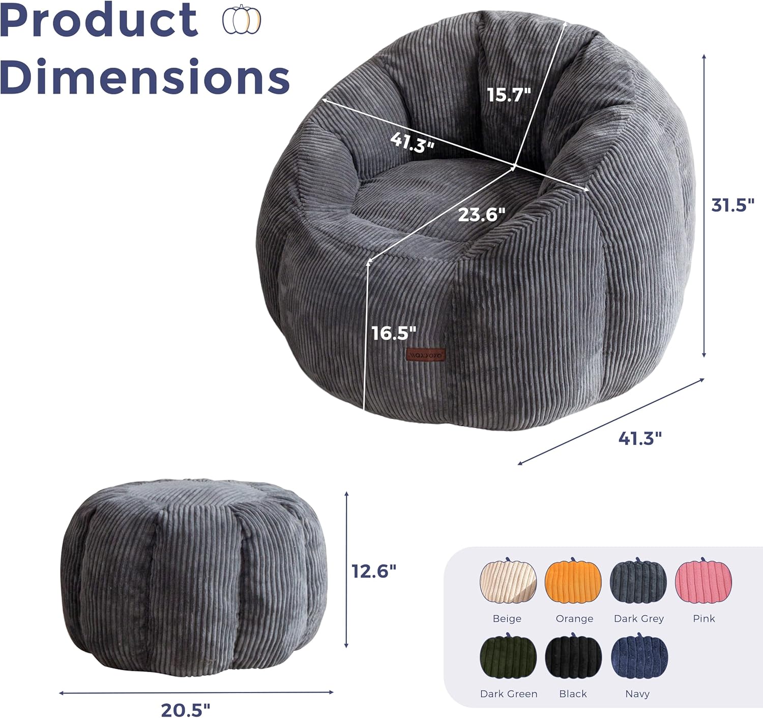 MAXYOYO Giant Bean Bag Chair with Ottoman, Pumpkin-Shaped Bean Bag Sofa with Footstool, Oversized Boneless Couch Chair in a Box, Comfy and Lazy Lounge for Dorm, Living Room, Bedroom, Dark Grey