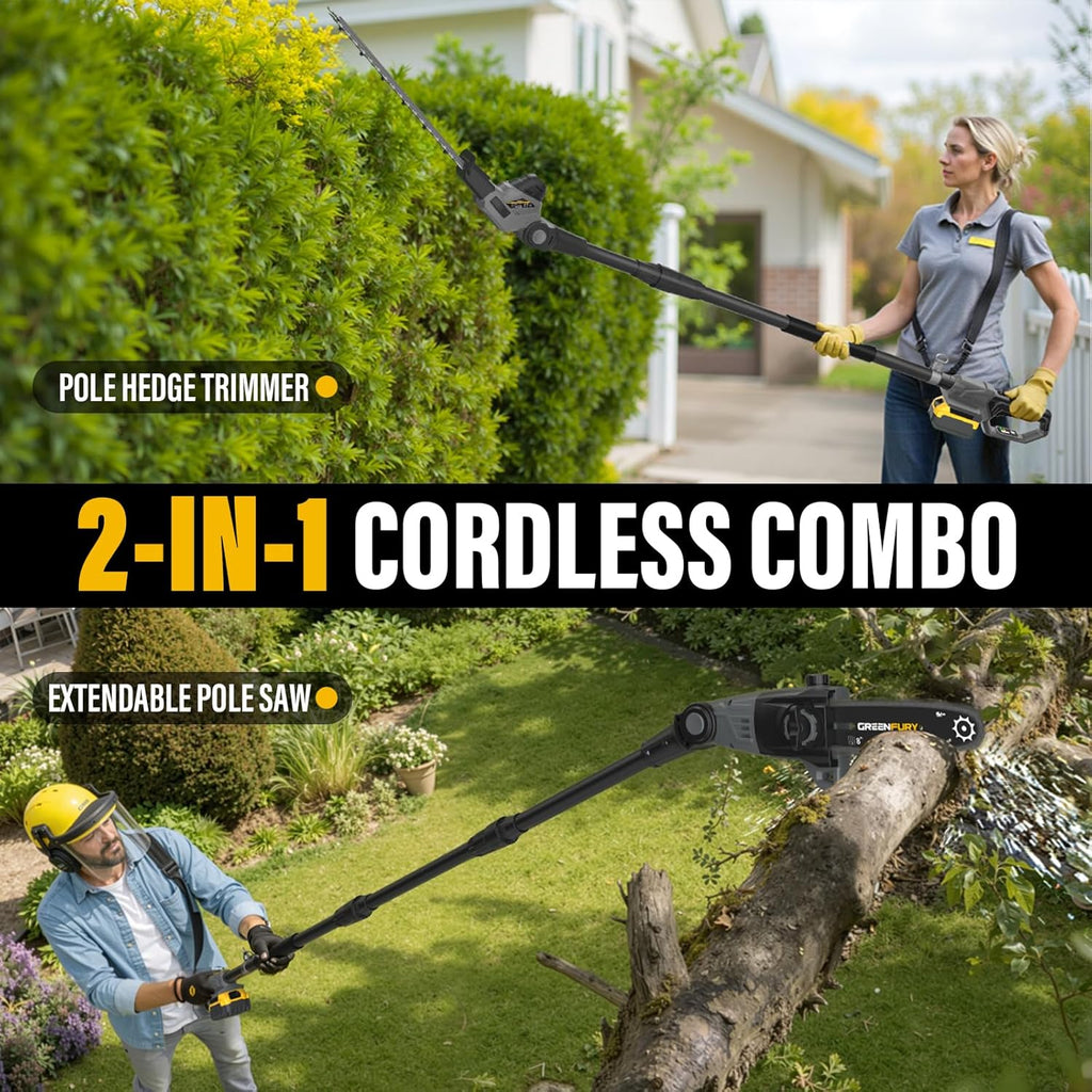 2-in-1 Cordless Pole Saw & Hedge Trimmer Compatible with Dewalt 20V Max Battery, 18" Dual-Action Blade & 8" Pole Saw Attachment, Sectional Extension Pole Up to 16 FT, Tree Trimmer (Tool Only)