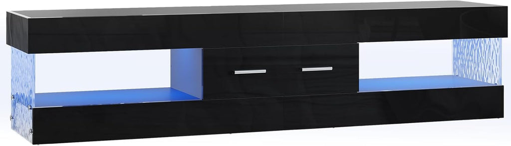 Bestier 67" Modern TV Stand for TVs 55 to 75 Inch, High Gloss LED Entertainment Center with Stone-Patterned Doors, TV Console with Drawer & Storage for Living Room, Black