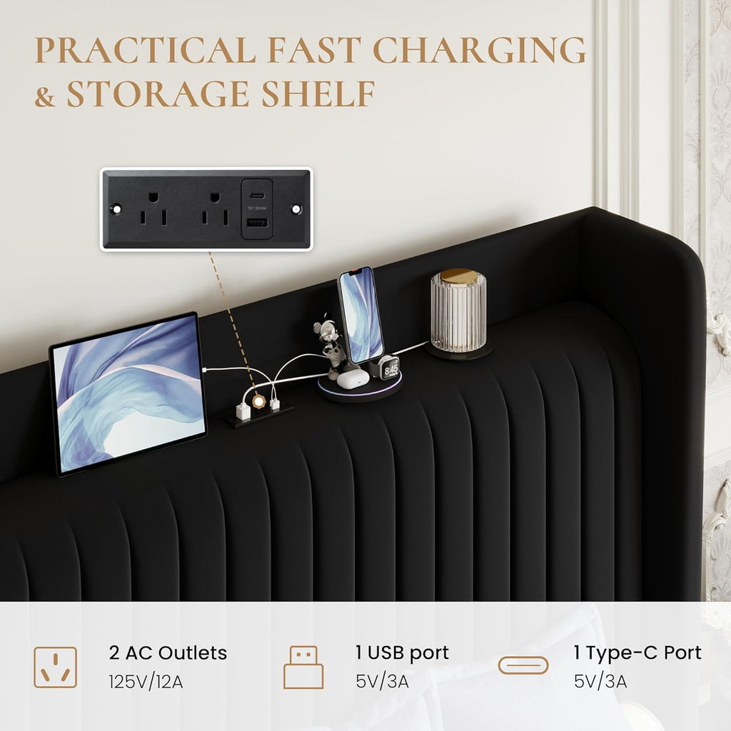 SHA CERLIN Queen Size Velvet Bed Frame with USB Charging Station, Wingback Storage Headboard, Upholstered Platform Bed with Wooden Slats Support, No Box Spring Needed, Easy Assembly, Black
