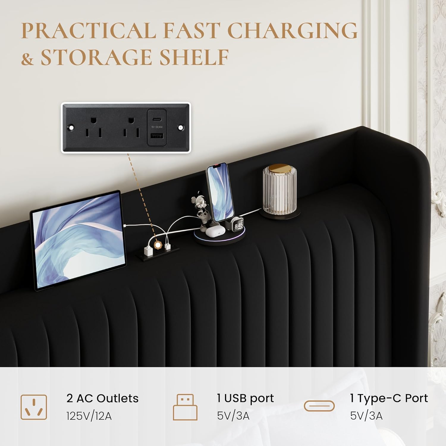 SHA CERLIN Queen Size Velvet Bed Frame with USB Charging Station, Wingback Storage Headboard, Upholstered Platform Bed with Wooden Slats Support, No Box Spring Needed, Easy Assembly, Black